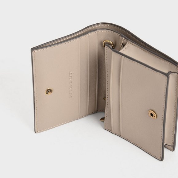 NWT Charles & Keith Snap Button Short Wallet On Chain - Sand Brown / Beige - Picture 7 of 11